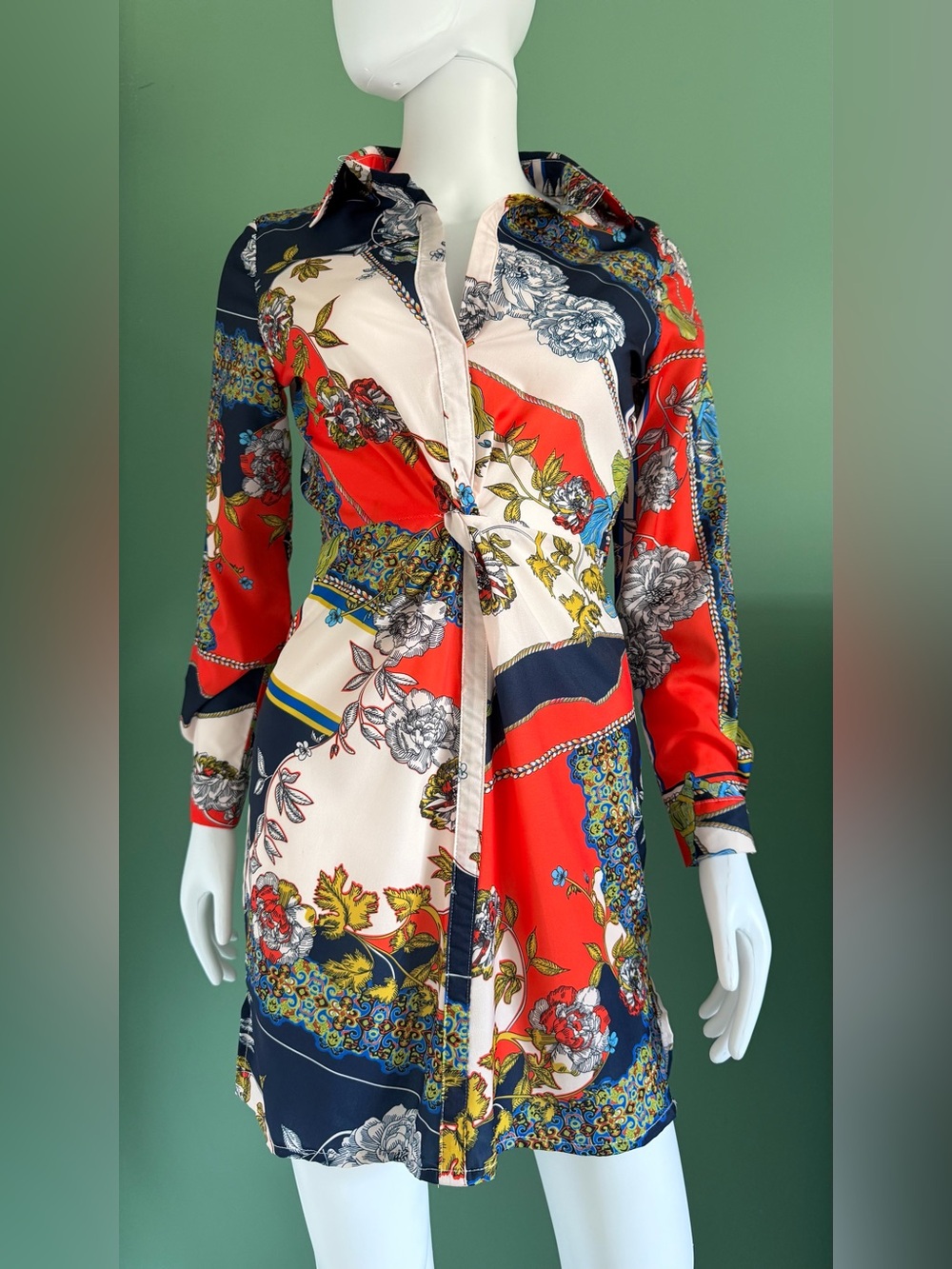 Parisian Red, Navy & Cream Printed Long Sleeve Shirt Dress